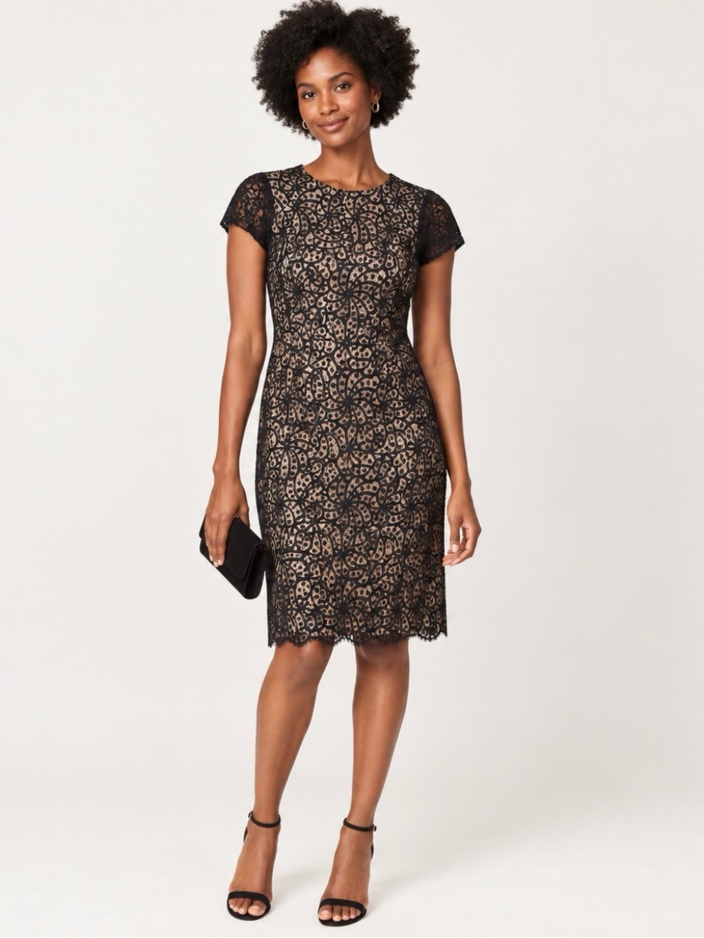 LOFT Black Lace Overlay Nude Lined Fit & Flare Dress Size 4